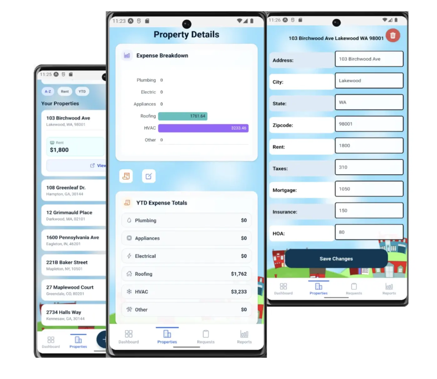 Repair Ninja app — property details and expense tracking screens
