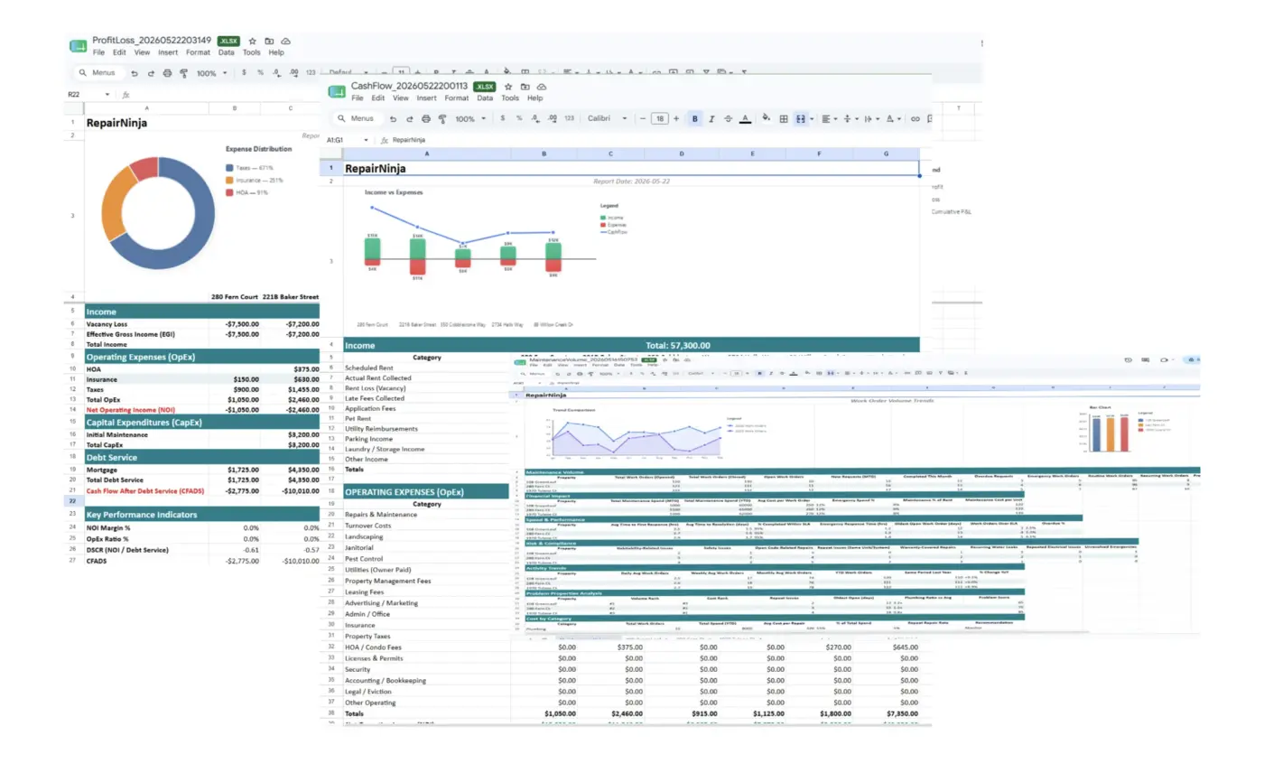 Repair Ninja reporting — exported profit and loss, cash flow, and maintenance spreadsheets