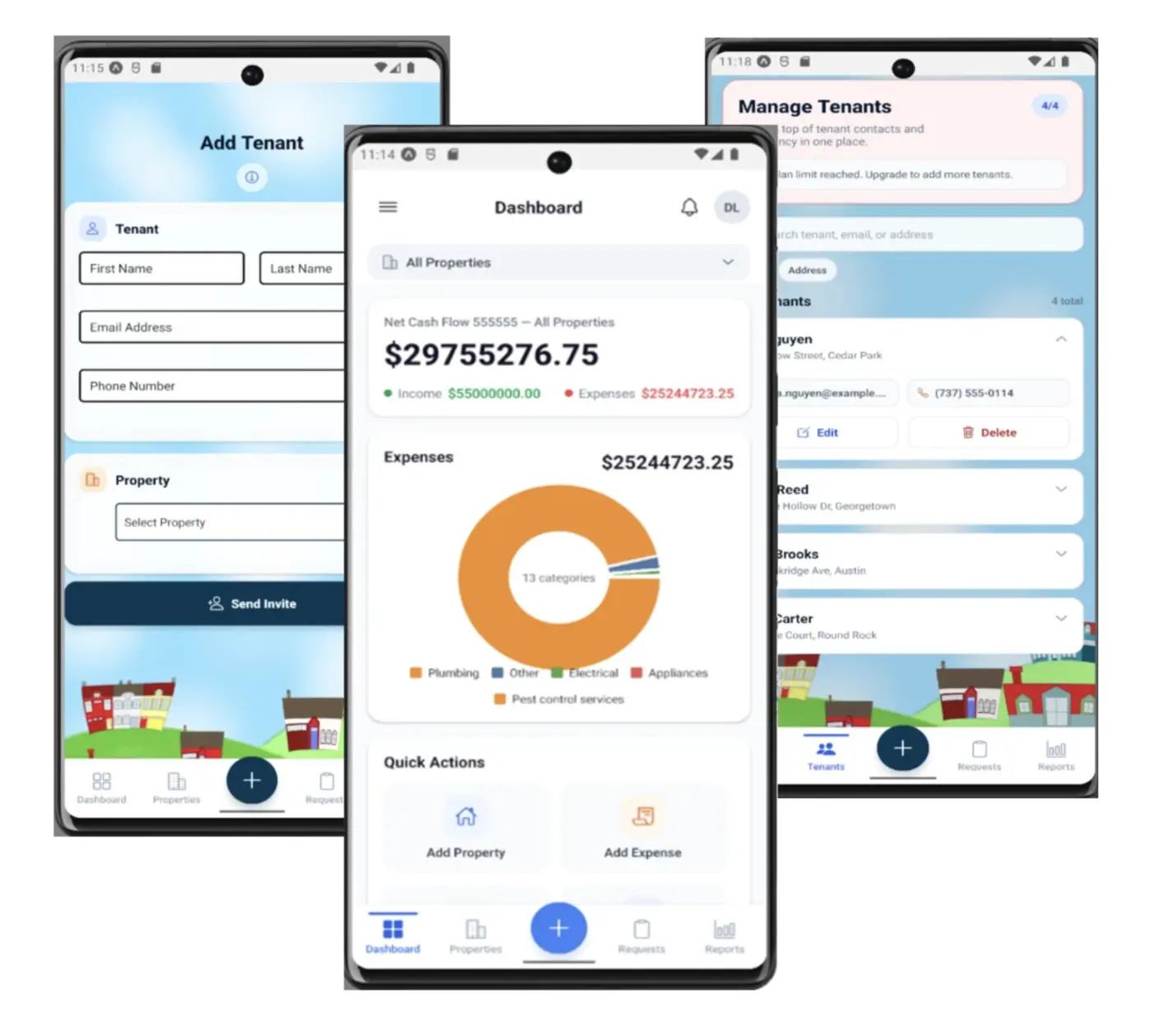 Repair Ninja app — tenant management and dashboard screens
