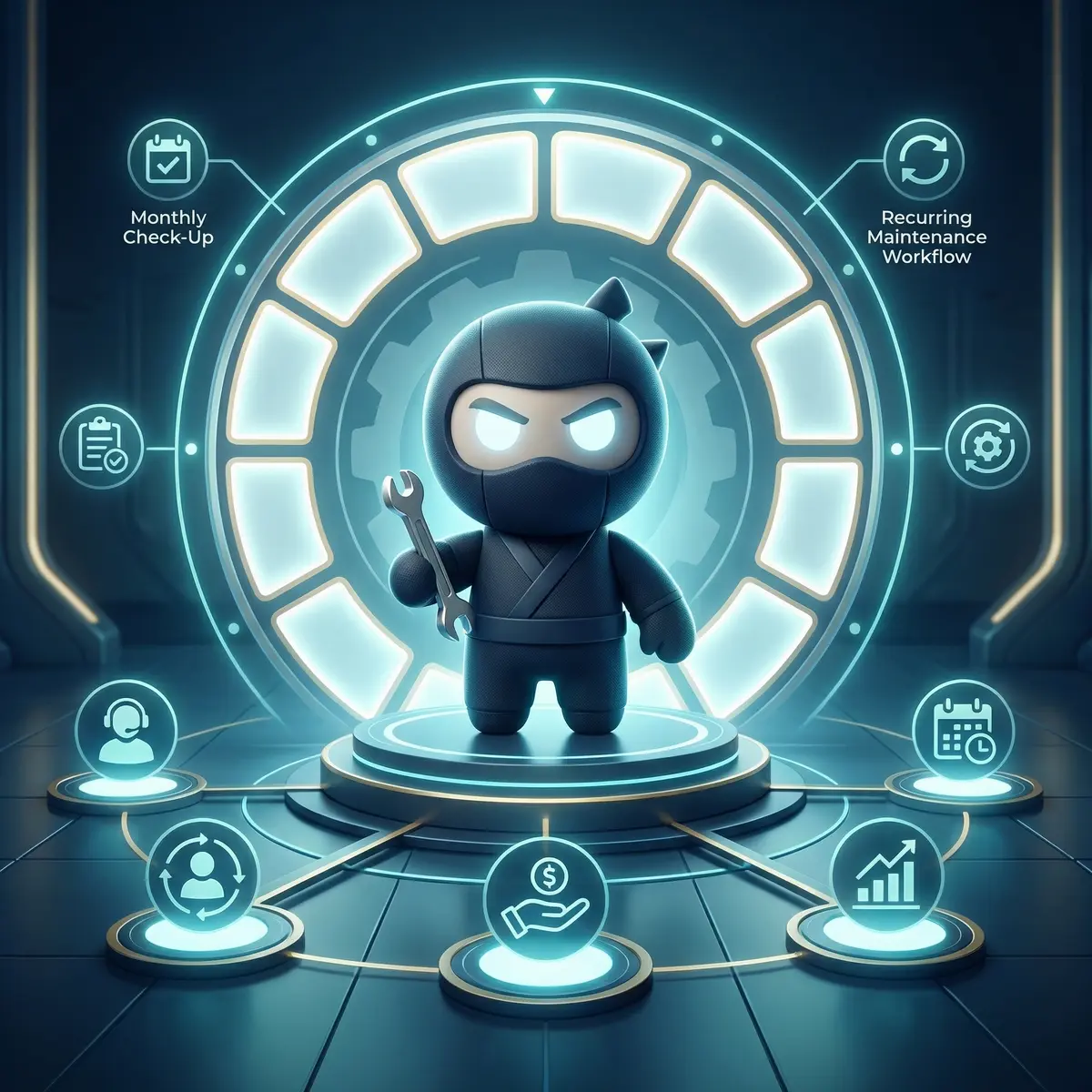 Year-Long Ninja — Repair Ninja mascot with full workflow